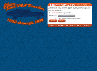 image: Chevy Nova VIN Decorder website